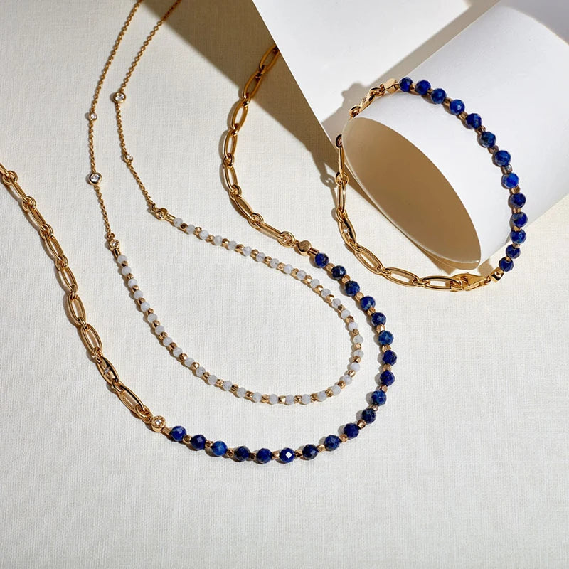 Mixed Flat Ovate Chain Lapis Beads Bracelet