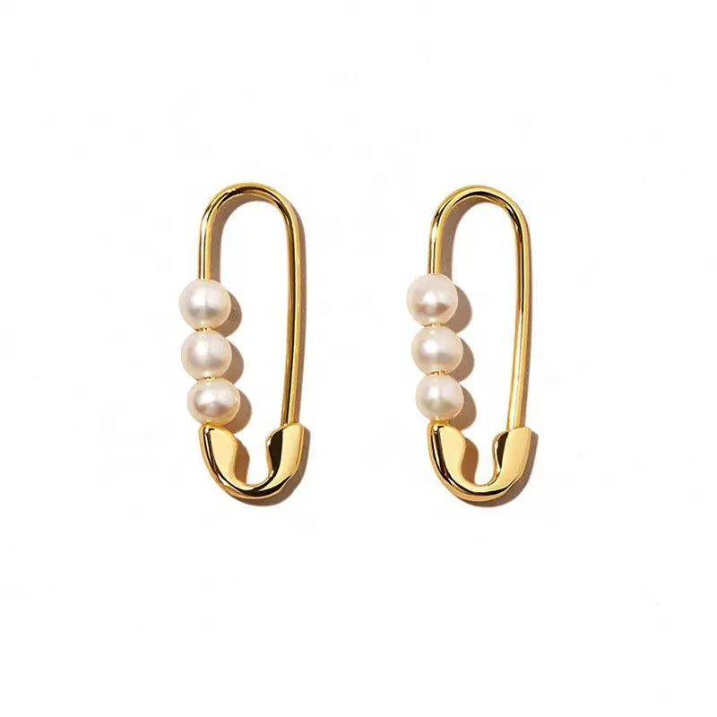 Safety Pin three Pearls Earrings