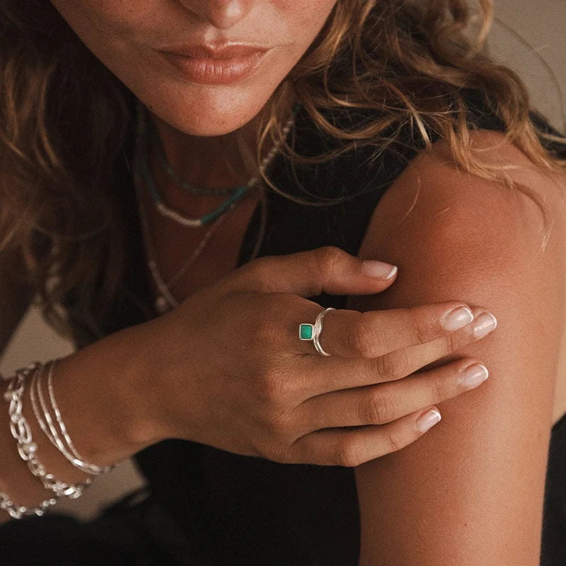 Melted Grooved Square Turquoise Square Ring