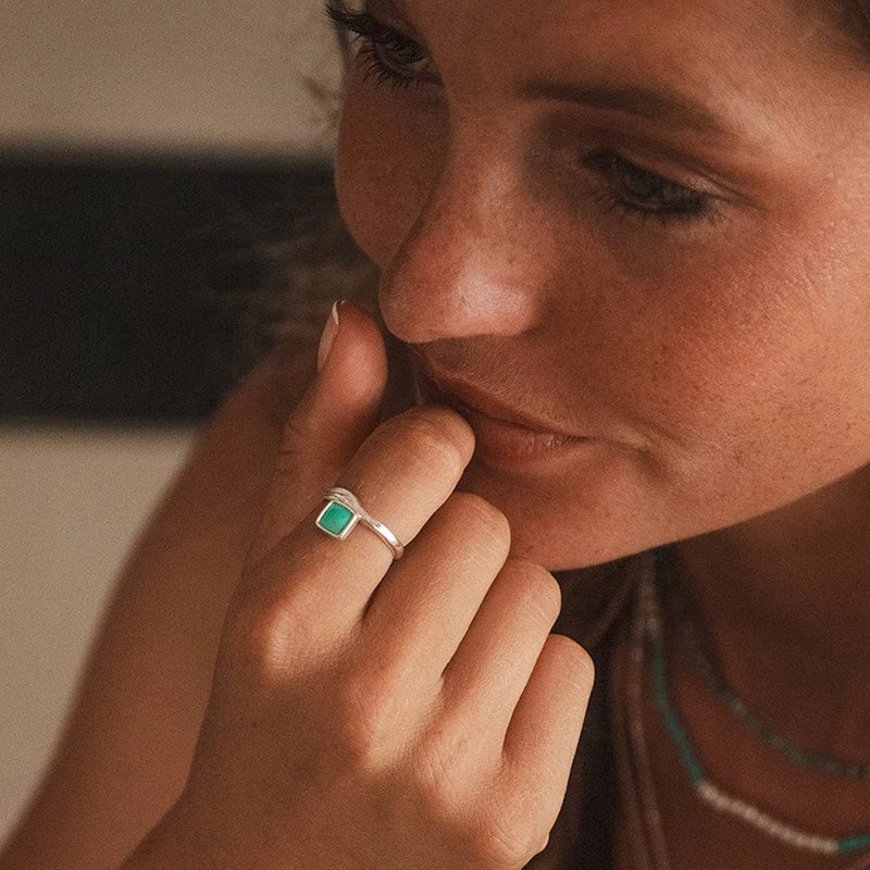 Melted Grooved Square Turquoise Square Ring