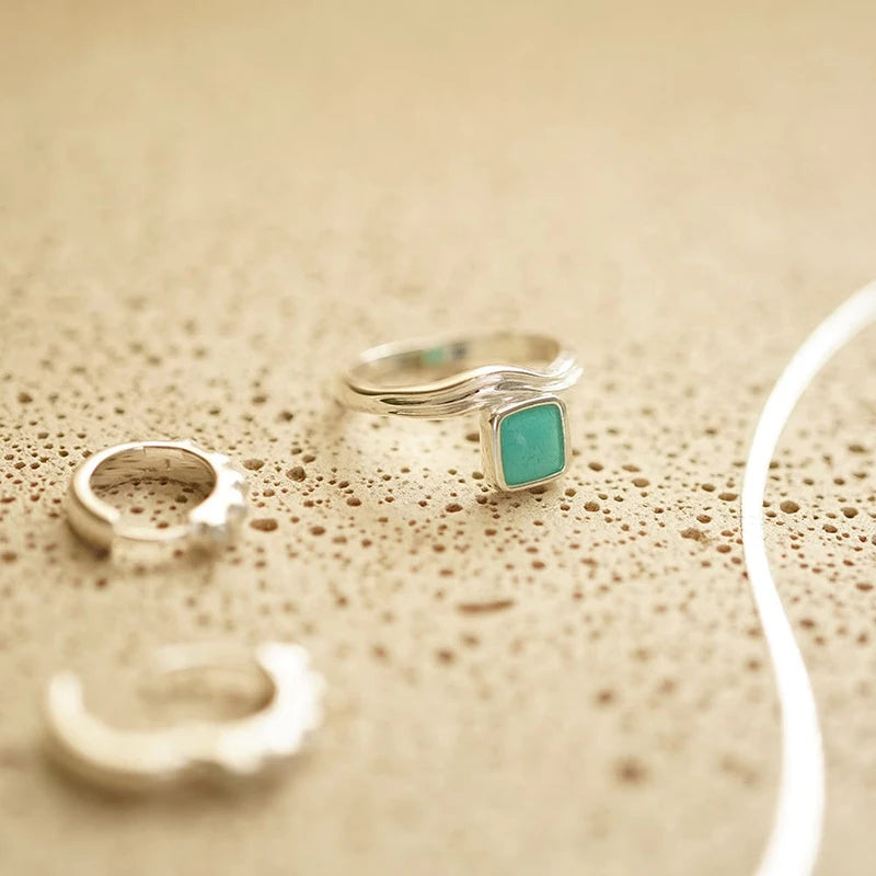 Melted Grooved Square Turquoise Square Ring